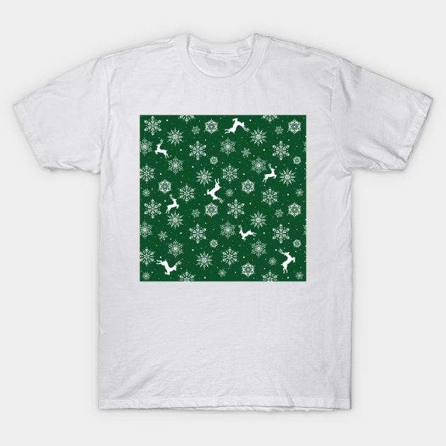 Christmas Reindeers Snowflakes Green T-Shirt by SSSowers